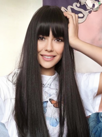 18inch Natural Black Wig With Bangs Long Wavy Curly Glueless Fringe Unit Heat Resistant Synthetic Middle Part Full Machine Made No Lace Scalp Wig (Option: SUE131B)