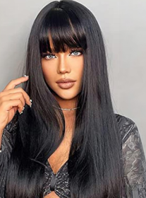 Long Natural Black Wigs For Women,Natural Black Wigs With Bangs Layered Shoulder Length Synthetic Wig For Daily Party  24 Inch (Option: SUE21B)