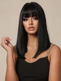 Medium-length Straight Hair Fully Machined Bangs Wig 14 Inches Natural Black Heat-resistant Fiber High Temperature Silk Wig Dyeable And Permable (Option: SUE161B)